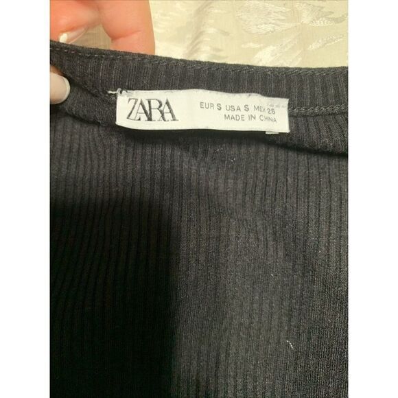 zara womens solid black ribbed short sleeve crop top t shirt small - Picture 3 of 4